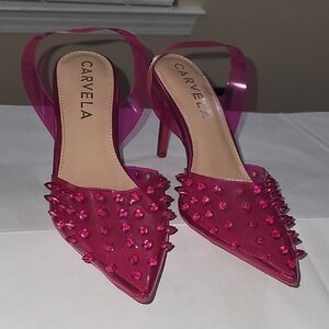 CARVELA Positano Vinyl Sling Back heels in a fuchsia hue with pink crystal studs